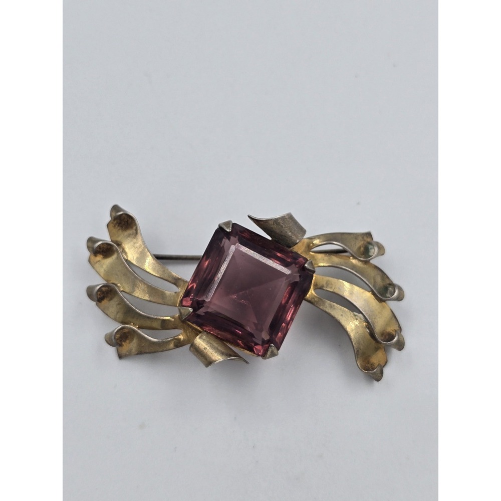 Vintage Sterling Gold Tone Purple Faceted Glass Brooch Pin Art Deco - Picture 11 of 14